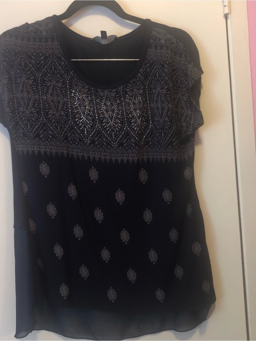 B.L.E.U. Black Short Sleeve Embellished Scoop Neck Blouse